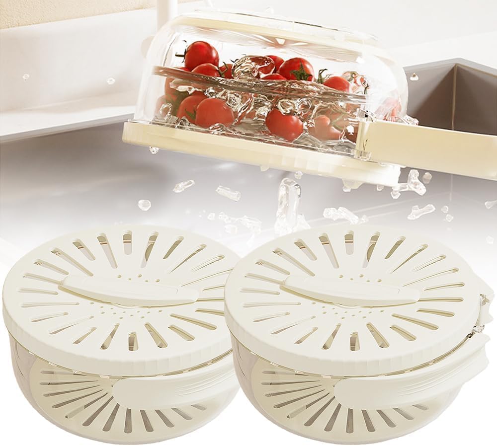 Fruit Washing Wowl with Strainer, 2026 New Multipurpose Drain Basket with Lid, 2 in 1 Fruit Drainer Container with Foldable Handle for Refrigerator Kitchen (White, 1PCS)