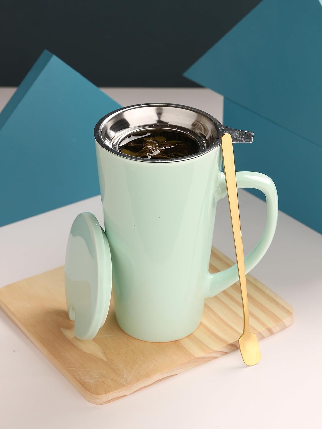 15 Ounce Porcelain Tea Mug with Infuser, Lid and Spoon, Loose Leaf Tea Cup (Mint Green)