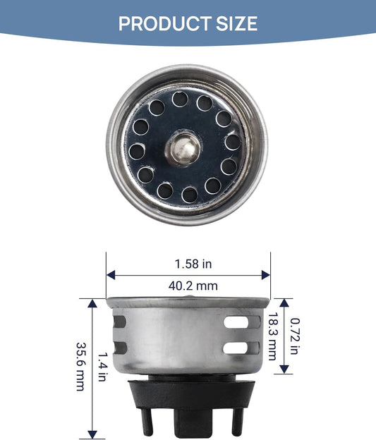 Small Basket Strainer for 2-inch Sink Drain, Bar/rv Sink Strainer | Commercial Grade 304 Stainless Steel with Chrome Finish, TINY strainer (with Rubber Stopper, holds water but NOT watertight)
