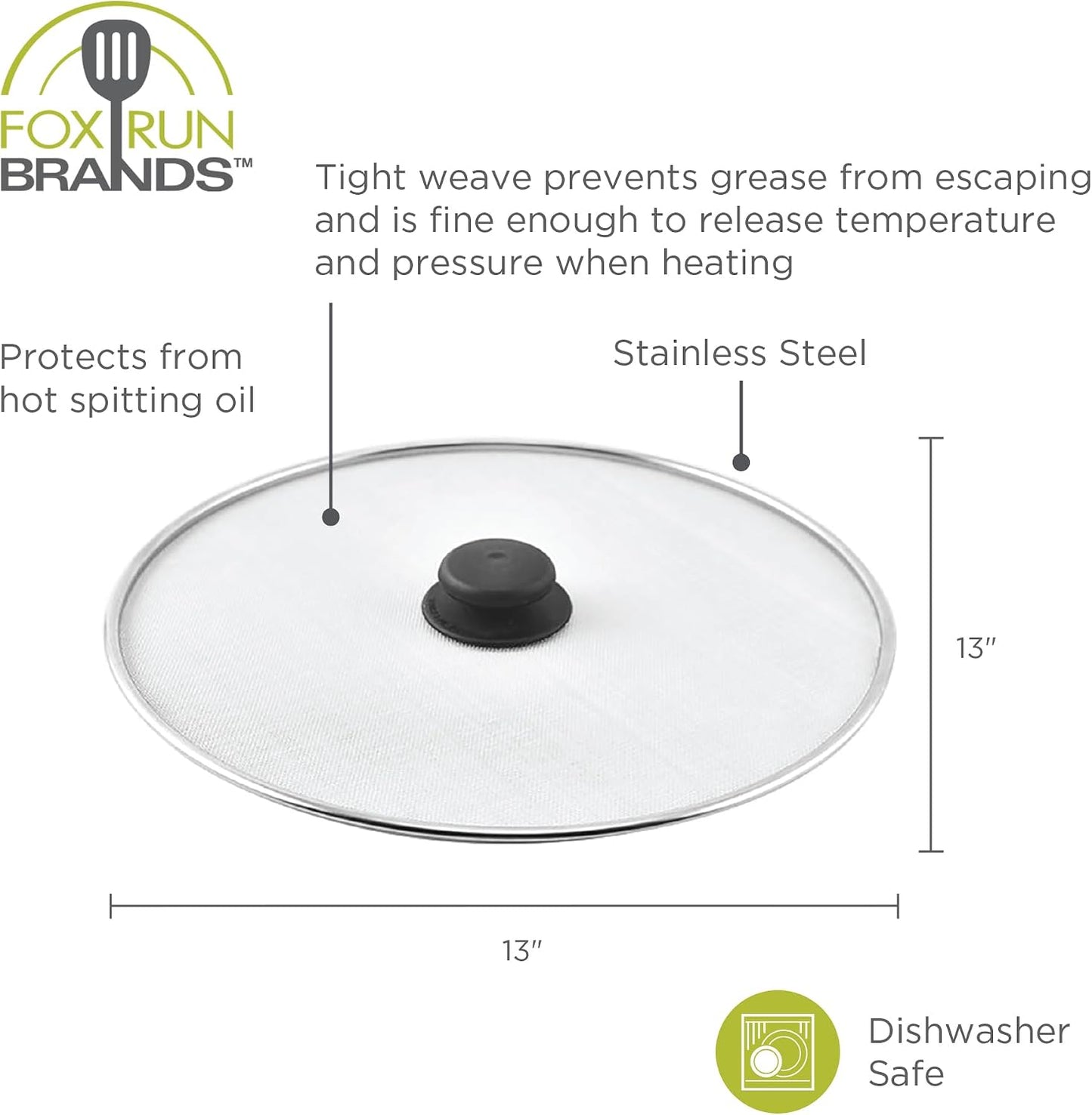 Fox Run Splater Shield, Stainless Steel Mesh Splatter Screen For Frying Pans, 13 Inches