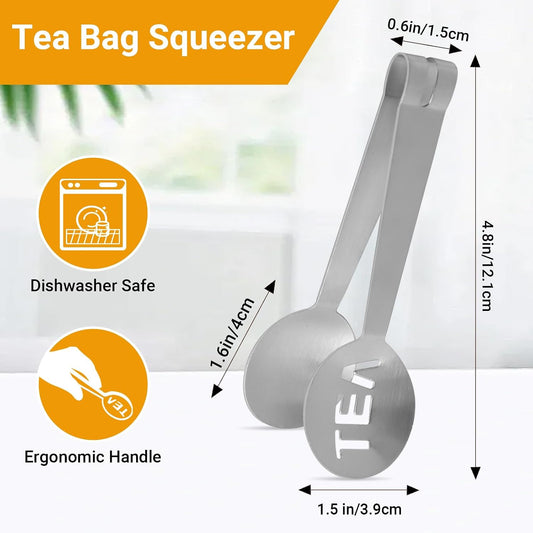 JEPELUS 2Pcs Tea Bag Squeezer Tongs with 2Pcs Tea Bag Holder Strainer