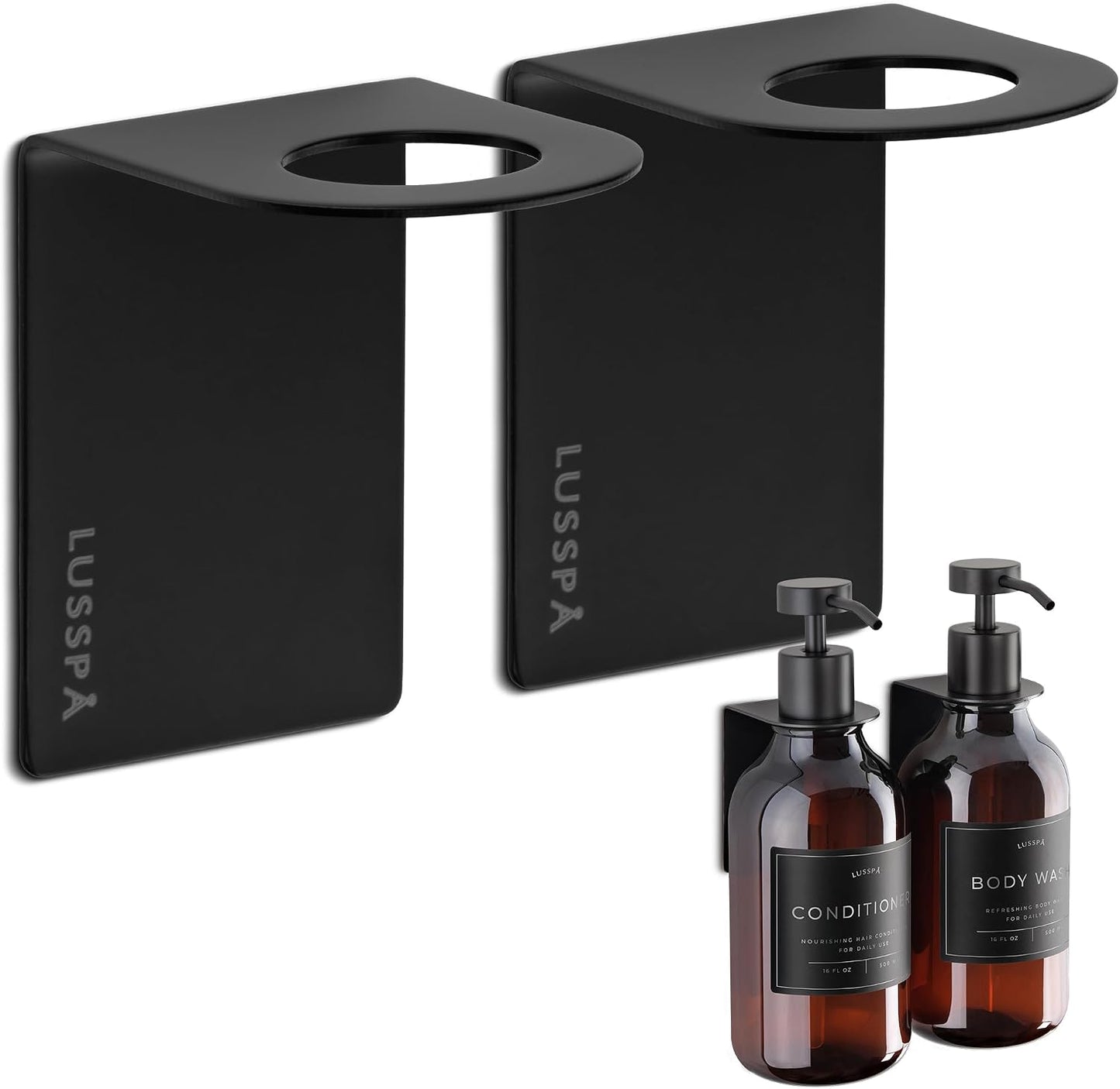 Wall Mount Soap Dispenser Holder, 2 Pack – 304 Stainless Steel, 2.95"×1.97"×2.56", 1.1" Neck Fit, No-Drill Peel & Stick Adhesive, Rustproof, Fits LUSSPA Bottles (Matte Black)