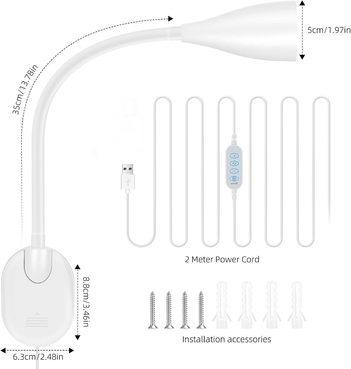 LiFMIRA Wall-Mounted LED Bedside Reading Light USB Charging Port White