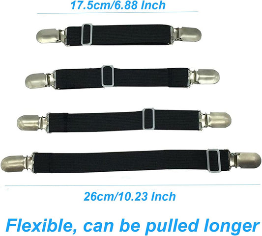 BetyBedy 4Pcs Adjustable Bed Sheet Fasteners Suspenders, Elastic Sheet Band Straps Clips, Cover Grippers Suspenders Holder for Mattress Pad Cover, Sofa Cushion (Black)