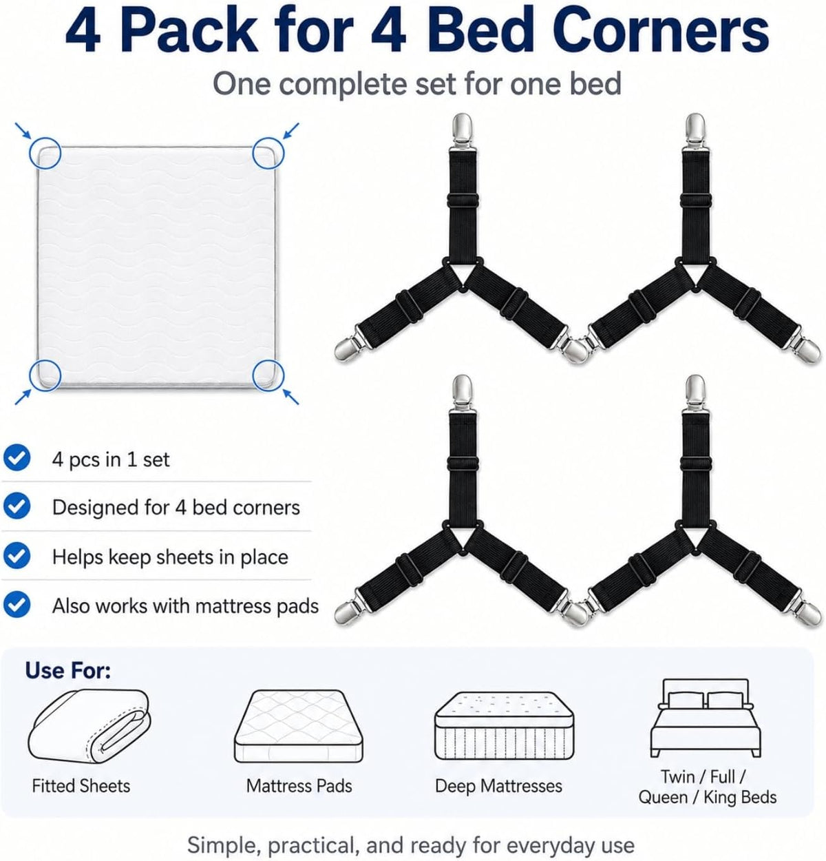Bed Sheet Holders for Corners 4 Pack 3-Way Grip for Smooth Sheets All Night