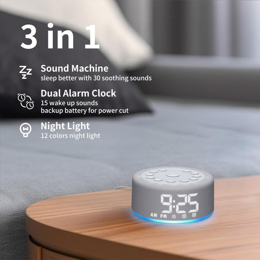 【3 in 1】 Sound Machine Alarm Clock Night Light White Noise Machine with 30 Sleeping Sounds for Baby Kids Adults 32 Level Volume Auto Off Timer Memory Function Digital Clock with 30 Wake Up Sounds