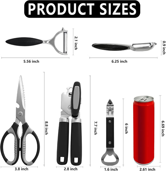 5-Piece Stainless Steel Can Opener Set, Manual Can Openers | Smooth Edge, Easy-To-Use, Ergonomic Grip, Heavy Duty, Bottle Opener, Peelers, Kitchen Scissors, Dishwasher Safe, For Seniors