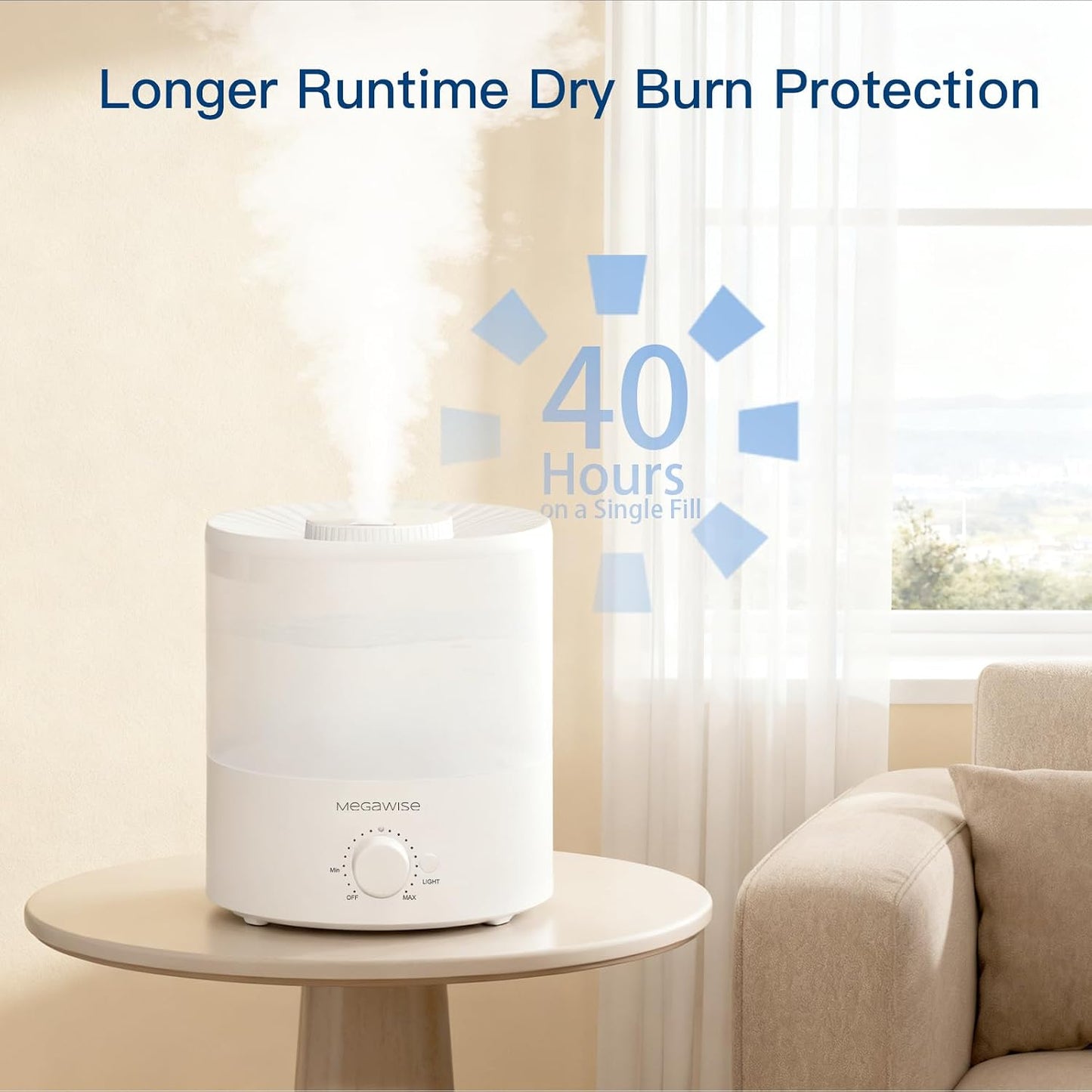 MEGAWISE Sleek 2L Humdifier for Bedroom, Baby,Plant, 24dB Cool Mist Ultrasonic humidifiers, Colorful Night Light, Top-Refill 1 Gal Essential Oil Diffuser, Auto Shut Off