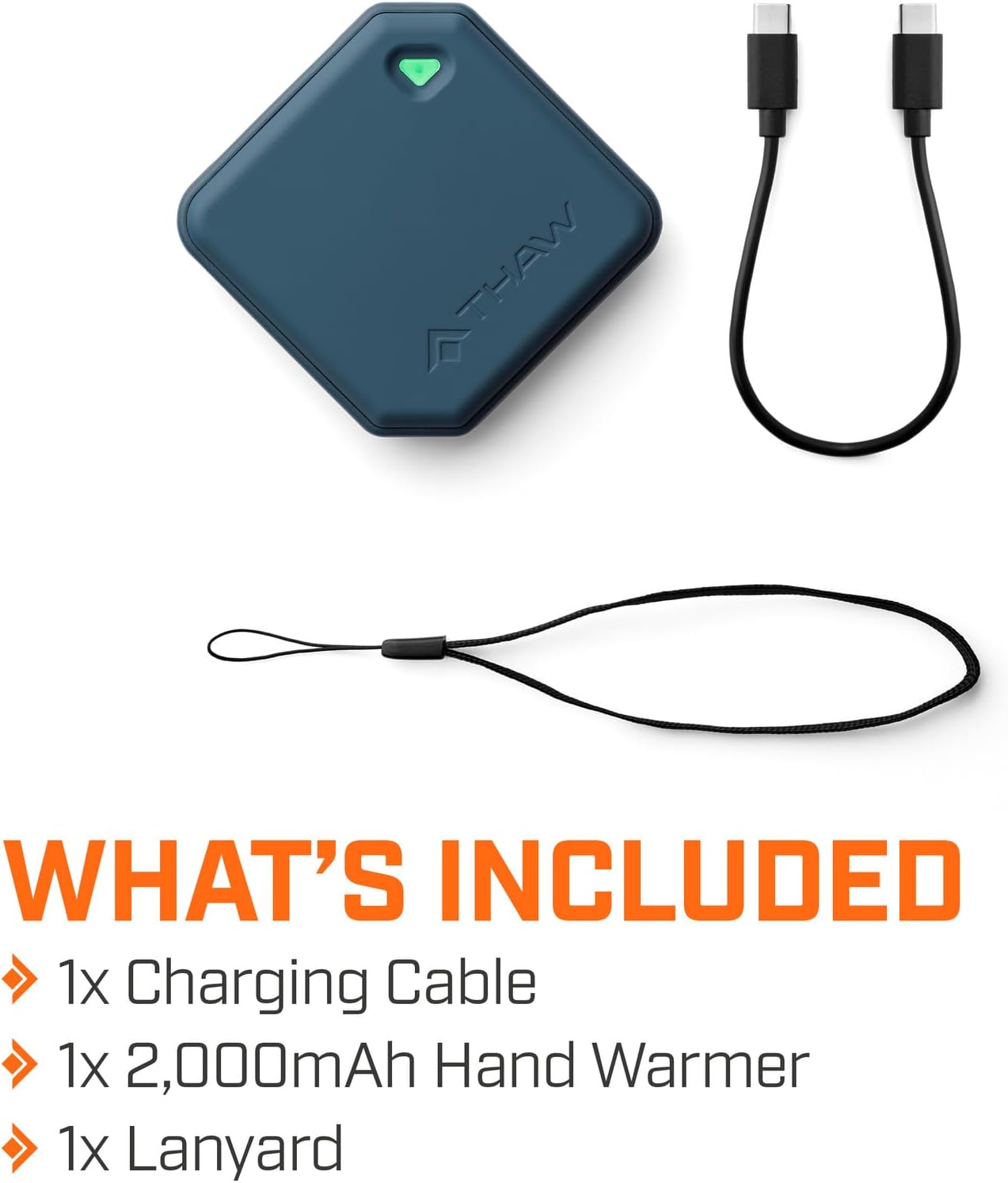 THAW Rechargeable Mini Hand Warmer | Double-Sided Heating, Up to 4 Hours, Rechargeable USB-C, Durable Impact-Resistant Construction, Integrated LED Light