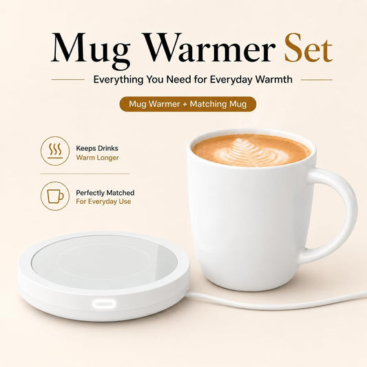 BESTINNKITS Coffee Mug Warmer & Mug Set for Desk, 14oz Ceramic Mug, White