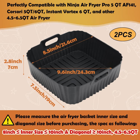 BYKITCHEN 9 Inch Square Silicone Air Fryer Liners for 6 to 8QT, Set of 2, Reusable Silicone Airfryer Tray Insert, Air Fryer Accessories for Corsori 6QT, Ninja Airfryer Pro XL 6.5QT, Gourmia & More