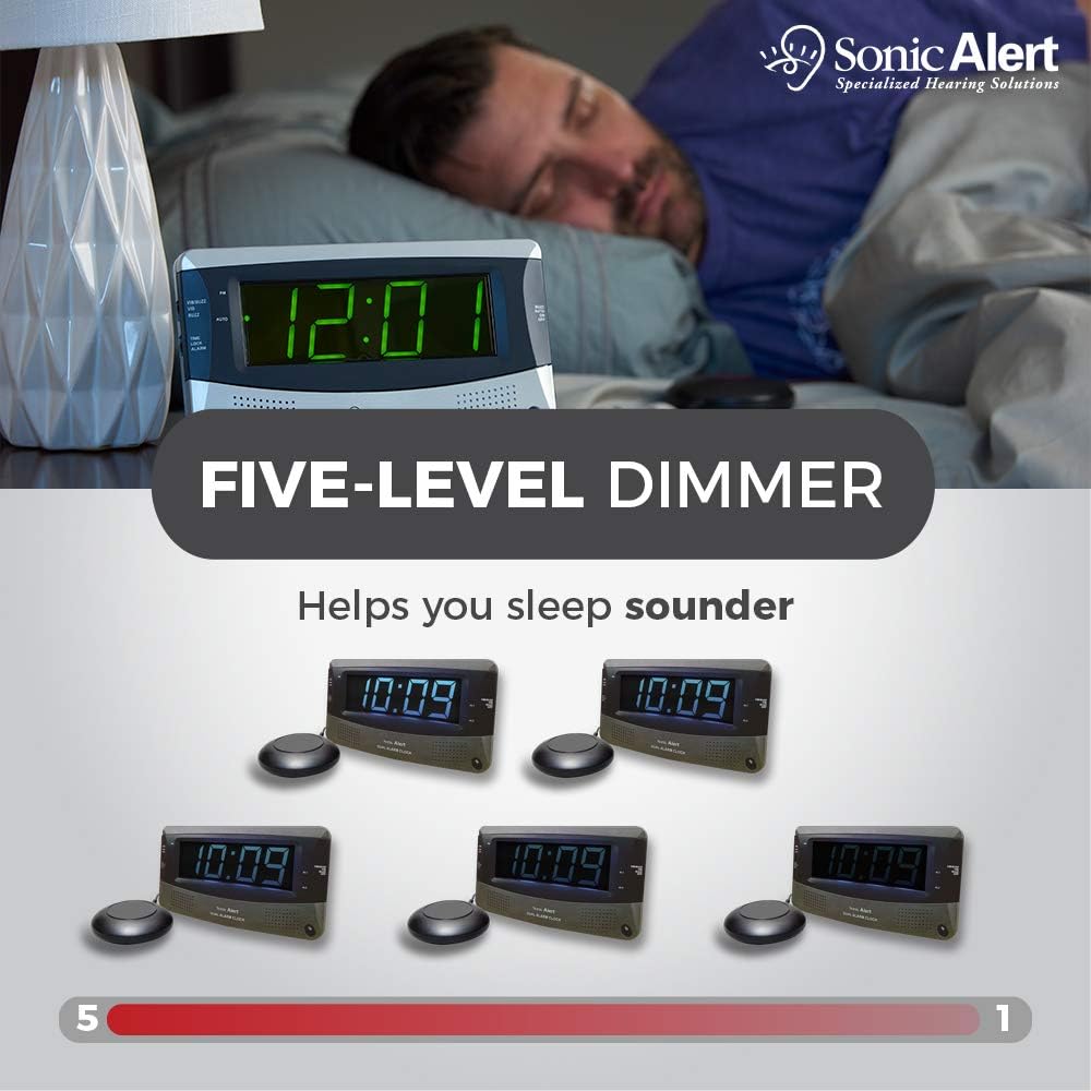 Sonic Alert Dual Extra Loud Alarm Clock with Bed Shaker Sonic Boom Vibrating Alarm Clock for Heavy Sleepers, Battery Backup | Wake with a Shake (Black)