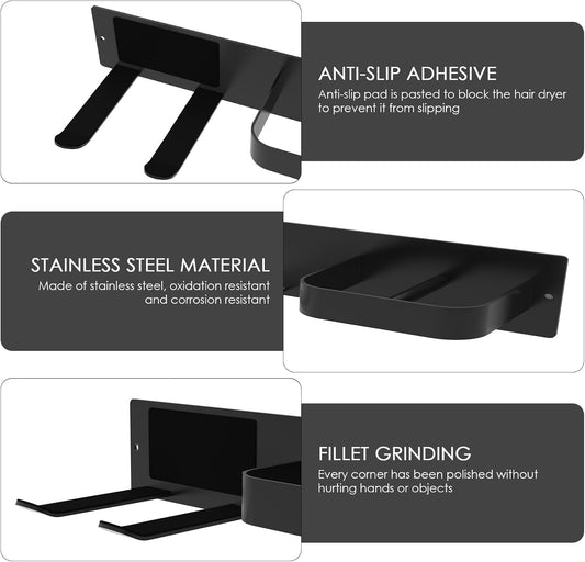 Hair Dryer & Flat Iron Holder Wall Mount, Self Adhesive, Black | No-Drill Hair Tool Organizer for Bathroom Makeup Vanity Cabinet Door