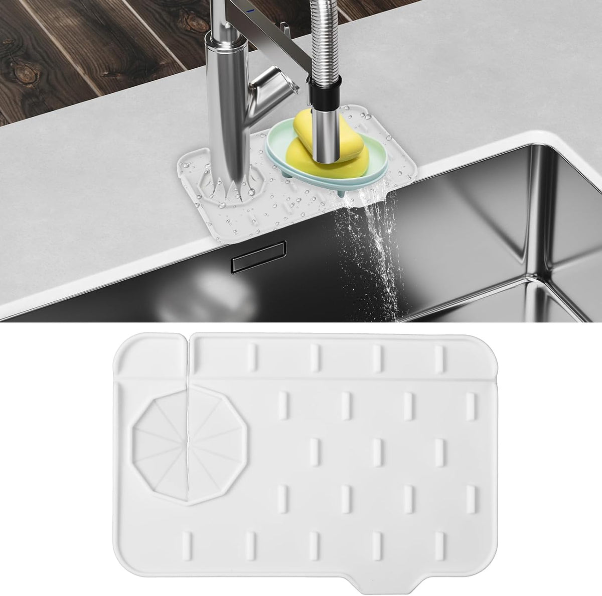Dimeho Sink Faucet Splash Guard Mat Silicone Soap Dish Pad Faucet Handle Drip Catch Sponge Holder Sink Protector Trays for Bathroom Kitchen Countertop Gadgets Accessories