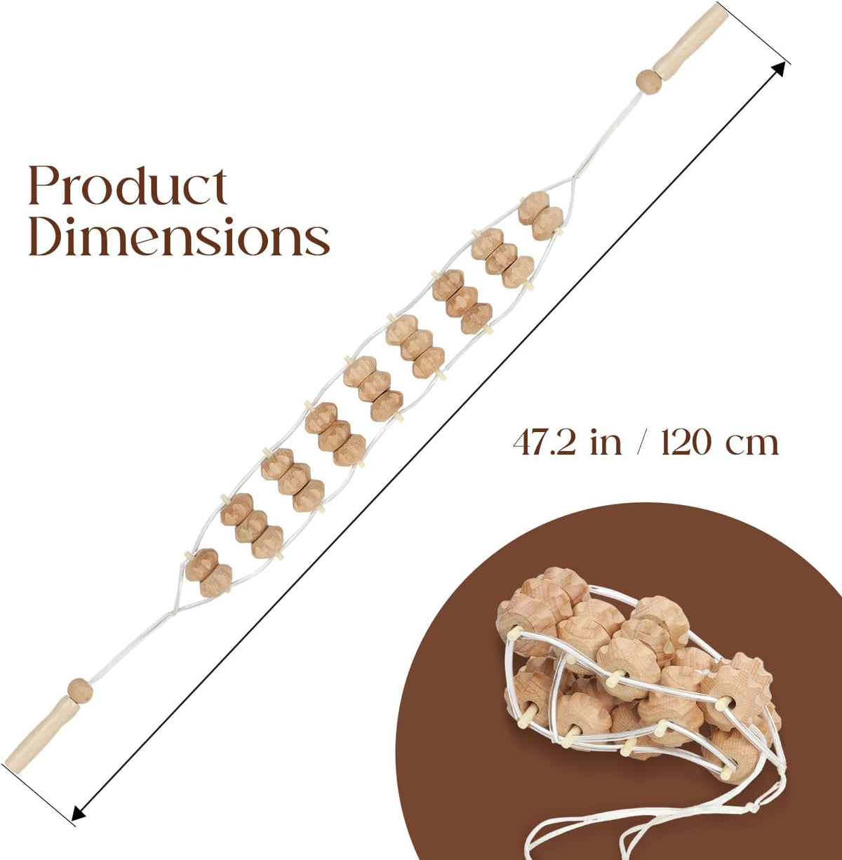 Mr.Woodware Rope Back Massager - 47.2 inches Lymphatic Drainage Massager Tool for Back, Neck, Legs, Waist, Body Pain Relief and Massage Therapy - Anti Cellulite Wooden Massage Roller for Maderoterapia