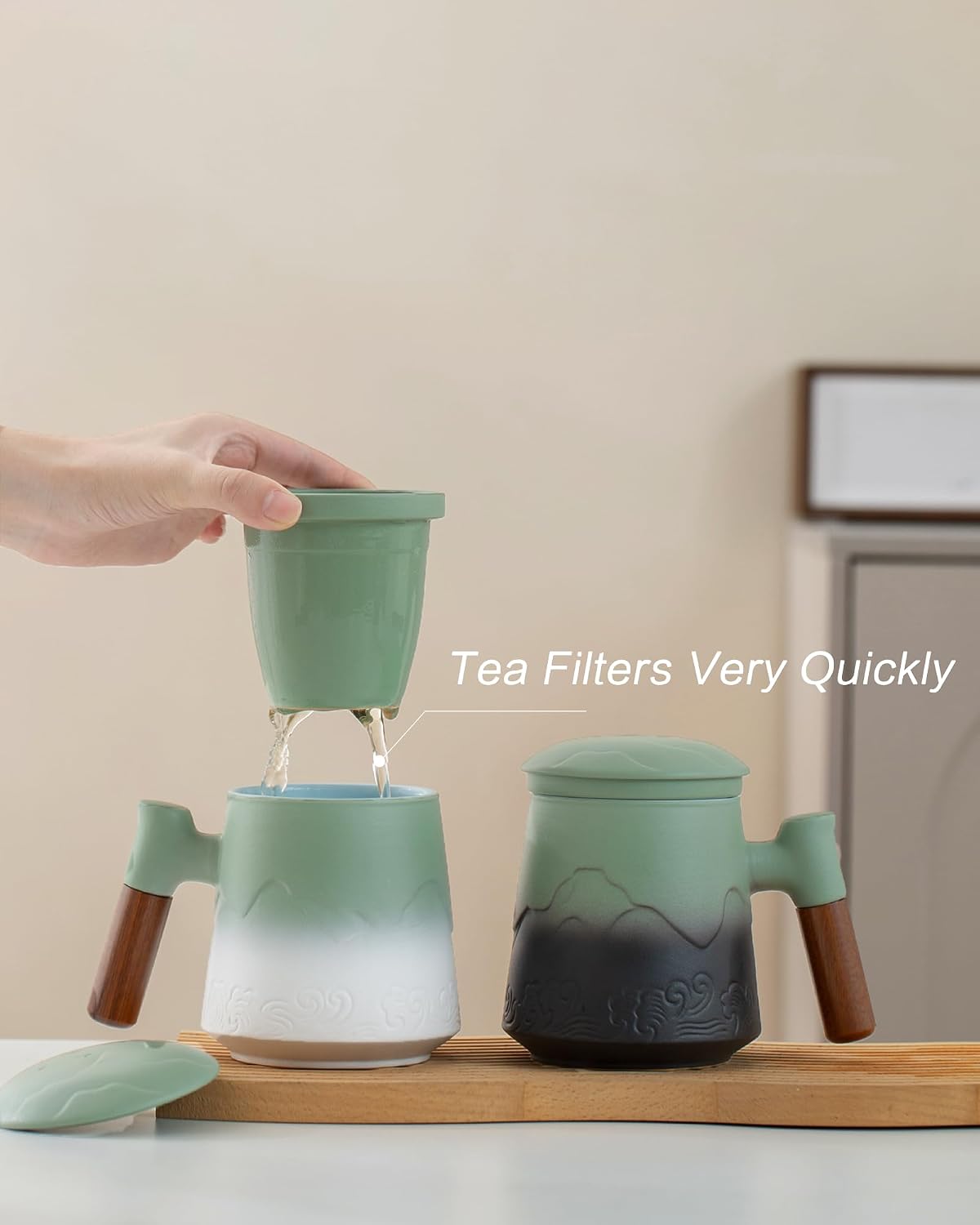 ZENS Tea Cup with Infuser and Lid & Coaster for Tea Steeper, 15oz Blue | Embossed Ceramic Tea Infuser Mug for Loose Leaf Tea Difussers, Tea Lovers Gifts, Nature Wood Handle
