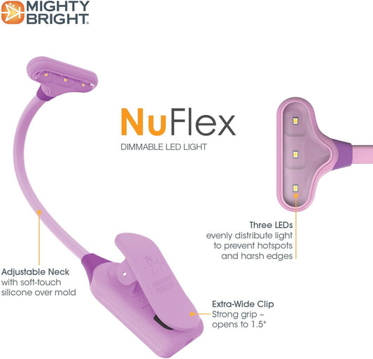 Mighty Bright The Original NuFlex Book Light, Battery-Powered, Warm Eye Care LEDs, Flexible, Durable, Dimmable, Clip-On Reading Light, Read in Bed, Use Batteries or Micro USB (Lavender)