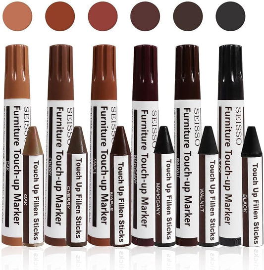 Furniture Repair kit, Wood Scratch Cover Markers*6 and Wax Filler Sticks*6 with Sharpener- 13Pack, Furniture Markers Touch Up Kit for Cover Ups Wooden Floors, Tables, Desks, Carpenters, Stains, Holes