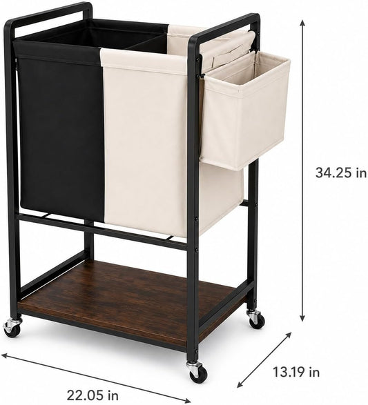 Rolling Laundry Sorter Cart with 2 Removable Bags, Double Laundry Hamper with Wheels, Side Storage Basket and Bottom Shelf, Black and Beige