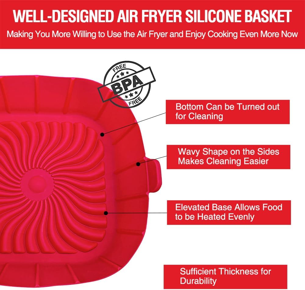 Air Fryer Silicone Liners for 2 to 3 QT Small Air Fryers, Non-Stick Reusable Silicone Pot Basket Bowl Liner Baking Tray Air Fryer Accessories, 2 Pack Square Airfryer Liner Insert