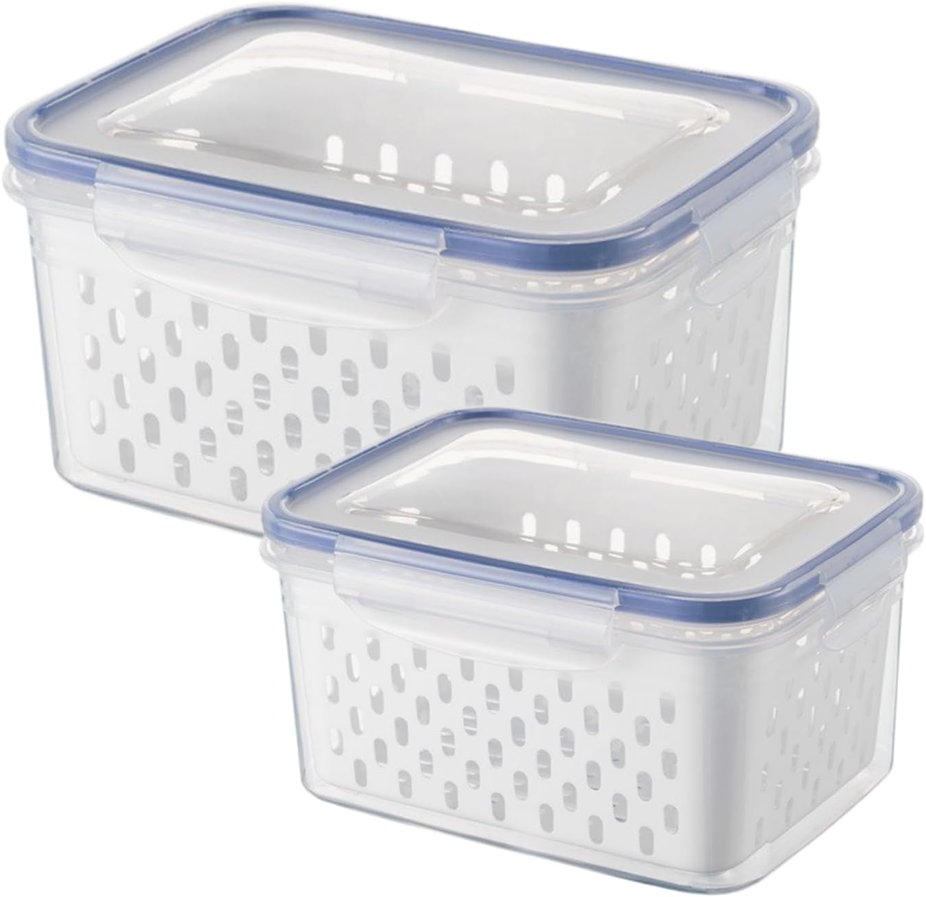 2pcs Fruit Storage Containers for Fridge, Airtight Food Saver Containers with Removable Colander & Lid, Stackable Fridge Organizer Box Set to Keep Vegetables Fresh Longer(Clear White)