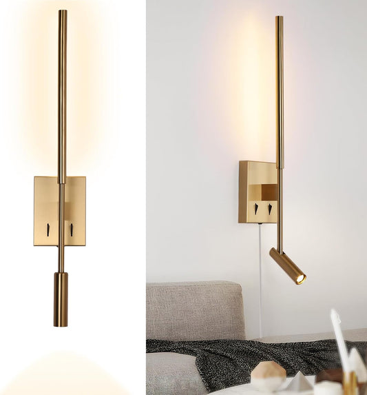 Modern Plug in Wall Sconce Indoor Ambient Lighting for Bedroom, Gold LED Wall Mounted Reading Lamp with Switch, Corded Minimalist Linear Wall Light with 5.9FT Clear Cord for Living Room Corner Hallway