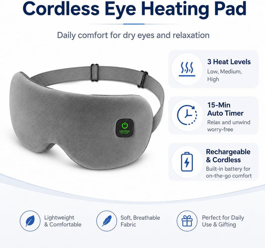 Cordless Heated Eye Mask for Dry Eyes, Rechargeable Eye Heating Pad with Replaceable Shell, Soft Electric Heated Eye Mask for Eye Comfort, Relaxation, Sleep and Travel