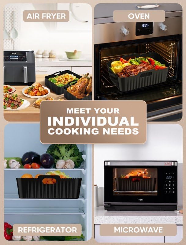 Silicone Air Fryer Liners 2 Pack for Ninja Dual Zone AF400UK AF451UK AF300UK 7.6–9.5L Foodi MAX, Compatible with Tower T17088, Keplin, EMtronics Reusable Non-Stick Dishwasher Safe Accessories