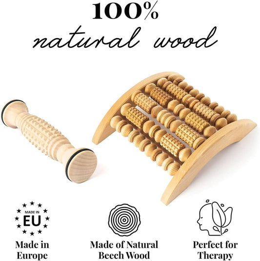 tuuli Accessories - Wooden Foot Massager, Grooved Muscle Roller, Helps Ease Muscle Tension, Supports Blood Circulation, Natural Wood Therapy Massage Tools | 2-piece set, sturdy massage board 29 x 24.5 cm, compact 20 x 5 cm foot roller, beech wood