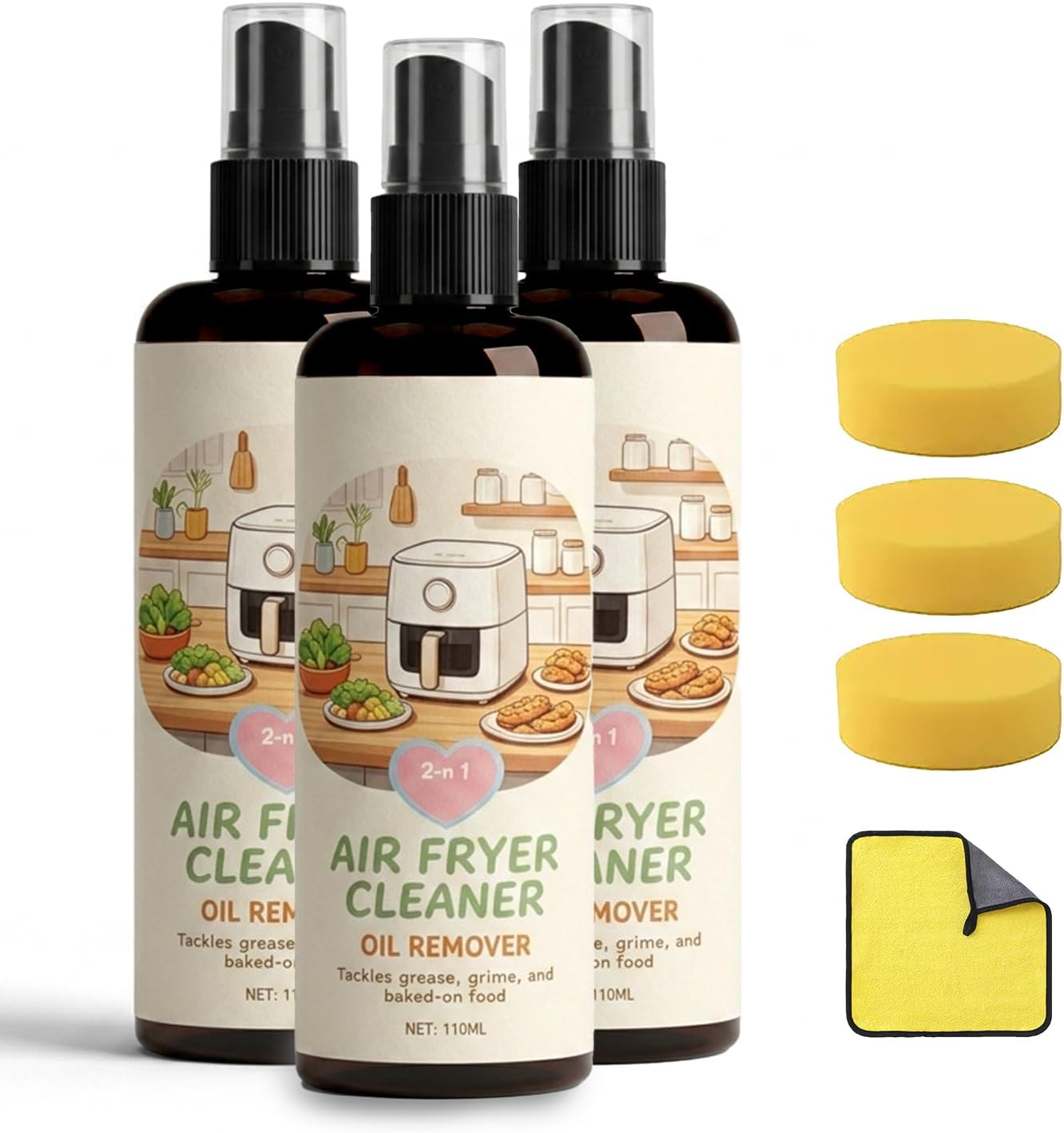 2-in-1 Air Fryer Cleaner Spray, Heavy Duty Oil Remover and Degreaser (2) | Safe for non-stick baskets, racks, and trays. Instantly dissolves tough baked-on grease with a non-scratch formula.