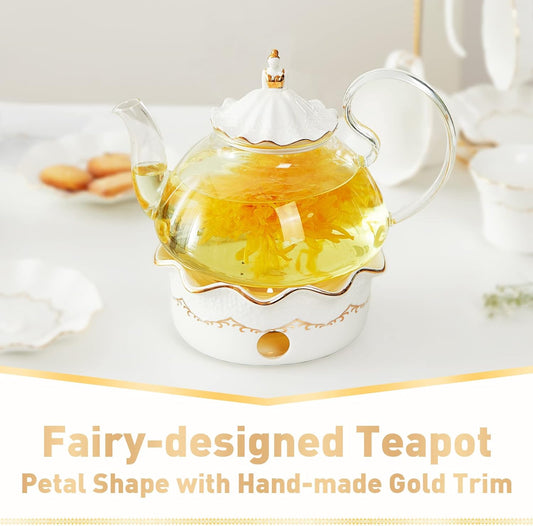 DUJUST Blooming Tea Pot Set, Luxury British Design with Relief Decor & Gold Trims, Hand-Crafted Clear Teapot with Warmer, 40oz Glass Teapot with Infuser, Stove-Safe Tea Party Gift & Home - Black