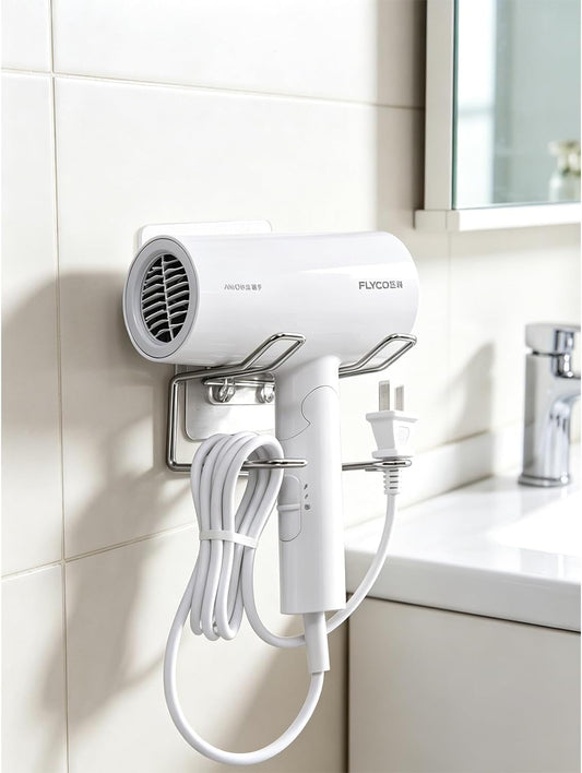 Universal Hair Dryer Holder Wall Mounted, Over Cabinet Door Hair Dryer Organizer, No Drill Self Adhesive Blow Dryer Rack, Bathroom Hair Tool Storage for Hair Brush, Curling Iron, Straightener