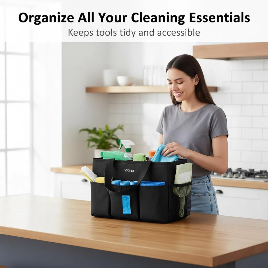 Ytonet Cleaning Caddy, Water Resistant Cleaning Supplies Organizer, Black | With Leakproof Cooler bag, Foldable Divider, Handle, Housekeeping Tote for Cleaners, Kitchen, Bathroom, Car Tool Caddy