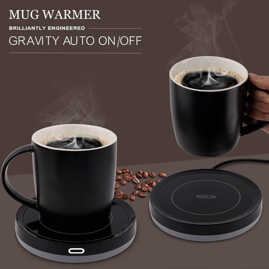 BESTINNKITS Smart Coffee Set Auto On/Off Gravity-Induction Mug Office Desk Use, Candle Wax Cup Warmer Heating Plate (Up to 131F/55C), 14oz (White Set)