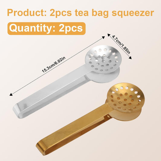 2pcs Tea Bag Squeezer Tongs, Stainless Steel Teabag Clip Holder Strainer Dispenser Gripper Picker Spoon Accessories for Tea Drinkers Gifts(Silver, Gold)