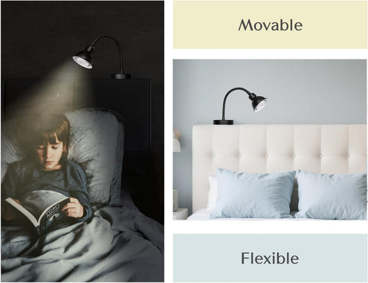 Patented Innovative Design Headboard Reading Light. No Drilling Golden Book Light for Bedtime Reading. Dimmable LED Book Reading Lamp with Bulb. Movable & Flexible, Black