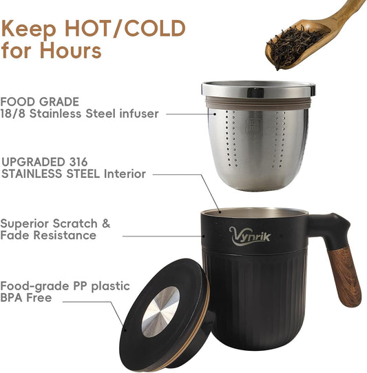 Tea Infuser Cup Doubles As Insulated Coffee Mug, Tea Cup With Lid And Handles, Removable Stainless Steel Tea Strainers For Loose Tea (White)