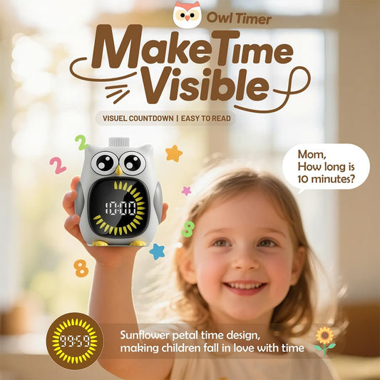 Grey Big-Eyed Owl Visual Timer for Kids,Classroom Timer