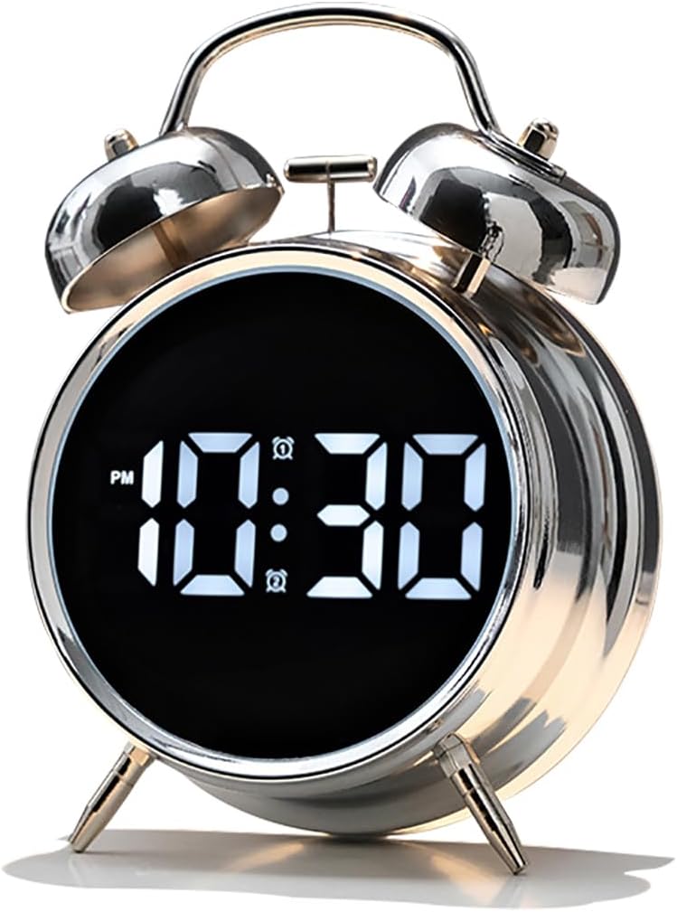 Loud Alarm Clock for Heavy Sleepers Adults, Teens,Kids,Retro Metal Twin Bell 4 Inch,Large Big Numbers Display with Backlight, Small Bedside Digital Clock for Bedrooms (Silvery)