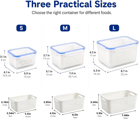 Fruit Containers 3Pcs – 4-in-1 with Removable Colanders & Lids, Fridge Fresh Storage, Dishwasher Safe