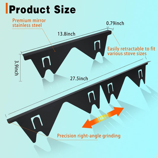 Stove Gap Covers Stainless Steel, 2 Pack Stove Gap Filler Easy Retractable Length 13.8" to 27.5", Width 0.79" Stove Gap Guards Range Trim Kit, Heat Resistant Guard Between Stove Top & Counter