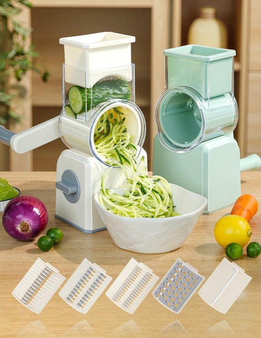 Rotary Cheese Grater with Hand Crank, Multi-Purpose Shredder Slicer with 3 Interchangeable Stainless Steel Blades for Shredding, Slicing, and Grating Cheese, Vegetables, and Fruit (Green)
