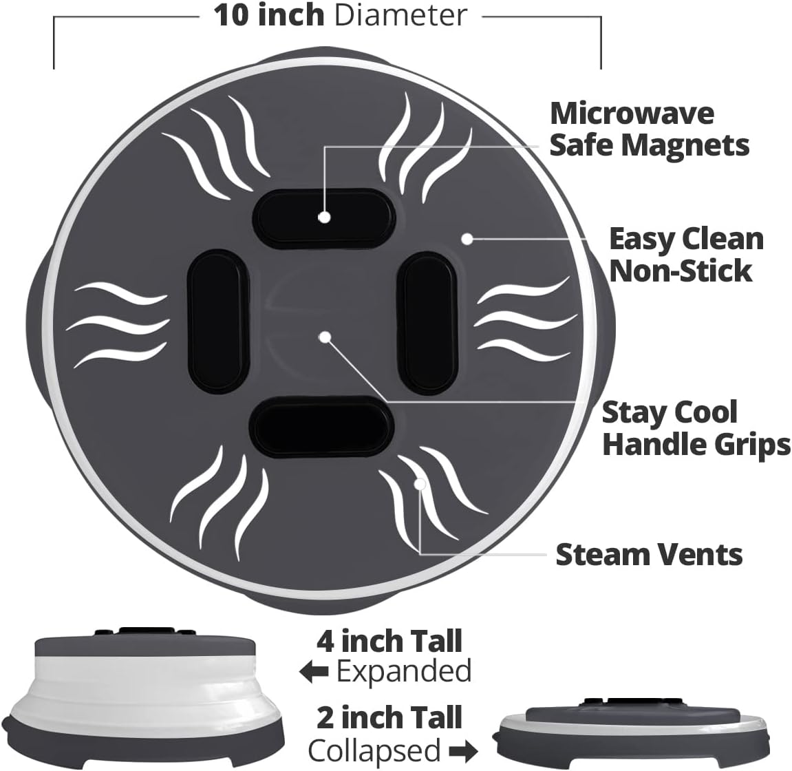HOVER COVER Magnetic Microwave Splatter Cover - 10" Collapsible - Graphite | BPA-Free Lid, Vented Plate Guard with Steam Vents, Anti-Splash Microwave Lid, Dishwasher Safe, Space-Saving Magnetic Storage