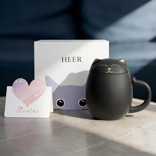 HEER Black Cat Ceramic Tea Mug 13.5oz with Infuser and Lid, Black | Cat Lover & Cat Mom Birthday Gift for Women, Perfect for Loose Leaf Tea, Tea Strainer Cup for Home & Office Use