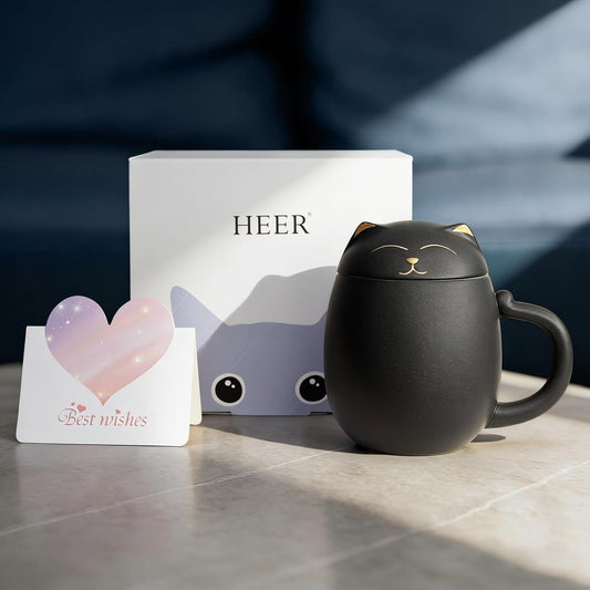 HEER Black Cat Ceramic Tea Mug 13.5oz with Infuser and Lid, Black | Cat Lover & Cat Mom Birthday Gift for Women, Perfect for Loose Leaf Tea, Tea Strainer Cup for Home & Office Use