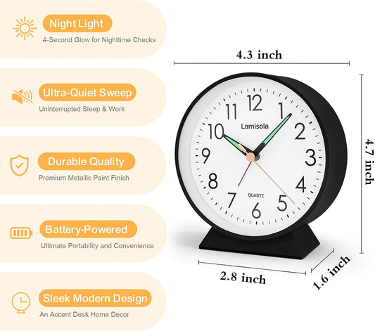 4.5 Inch Small Desk Clock Battery Analog Alarm Clock for Bedroom, Black