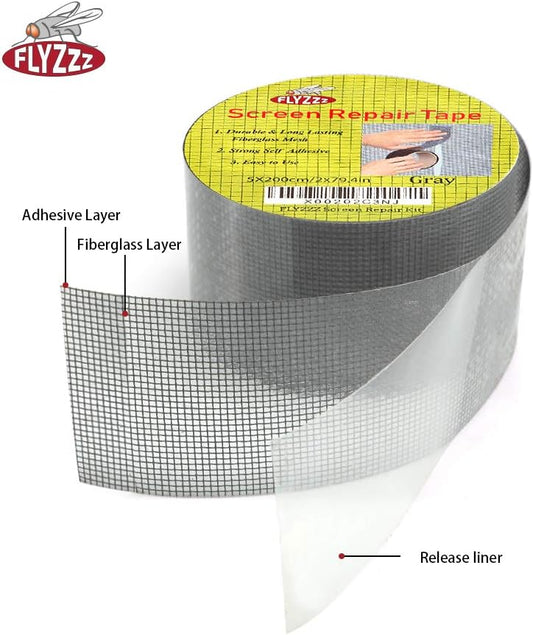 FLYZZZ Window Screen Repair Kit Tape, 79.4 in Waterproof Screen Repair Tape, 3-Layer Strong Adhesive Window Screen Doors Repair Patch Tape Suitable for Covering Holes&Tears Instantly