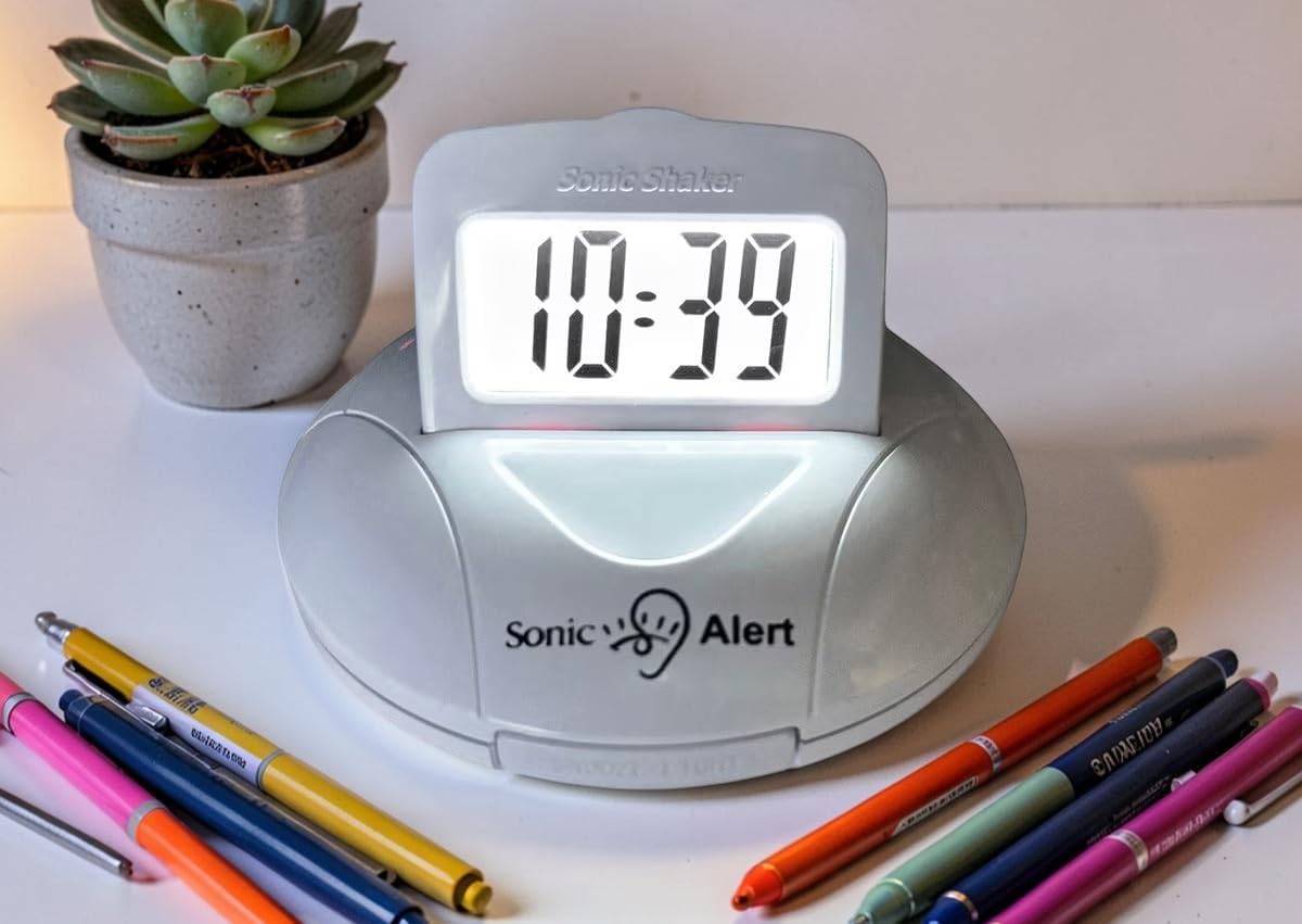 Sonic Shaker SBP200 White Compact Travel Alarm Clock – Pop-Up LCD Digital Screen – Bed Shaker Vibration – Buzz and Vibrate Modes – Rechargeable Alarm Clock