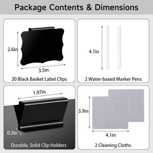 20 Pcs Basket Labels Clip On, Chalkboard Tags for Storage Bins | 2 Markers and 2 Wipe Cloths, Reusable , for Pantry Organisation, Kitchen Shelves, Cupboards, Office, Home