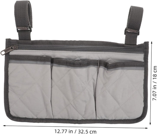 Bed Rail Organizer with 4 Pockets, Safety Bed Assist Rail Storage Bag with Cup Holder, Gray Bedside Caddy for Mobility Aid and Hospital Use